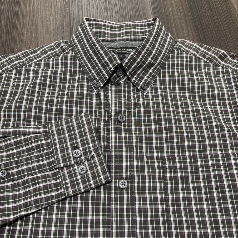 Banana Republic Shirt Men’s Small Gray Purple Soft Wash Tailored Slim Fit Check